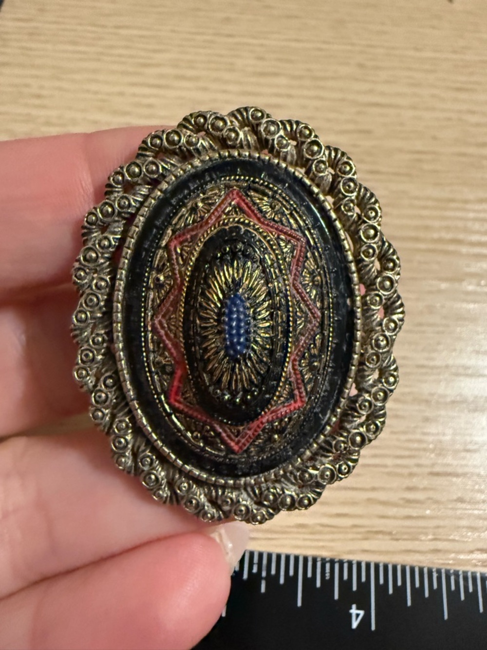 Vintage Sarah Coventry Gold Tone Black Red Blue Oval Brooch Pendant 1970s